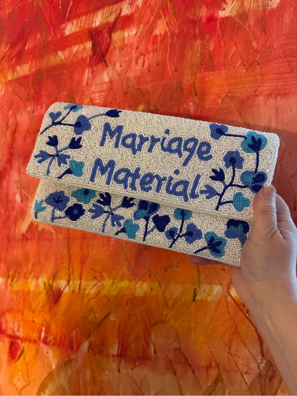 NWT Francesca's “Marriage Material” Beaded Clutch Crossbody Bag Bride Blue